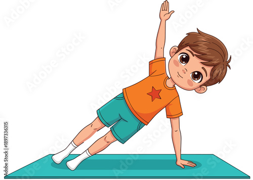 Cute cartoon boy character doing side plank yoga pose on exercise mat healthy lifestyle for kids fitness and wellness vector illustration