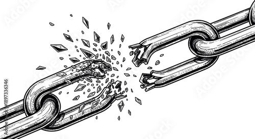 Broken metal chain link illustration symbolizing freedom, strength, independence, and breaking barriers, detailed black line art isolated on white background for concept and design use