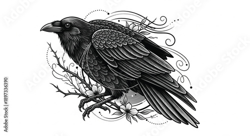 Detailed illustration of a majestic black raven perched on a flowering branch with decorative swirls and dots.
