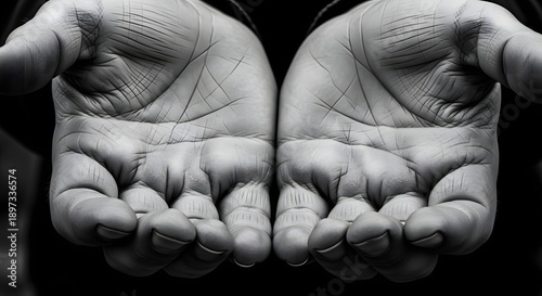 Closeup of two cupped hands showing palms with visible lines and wrinkles on a dark background