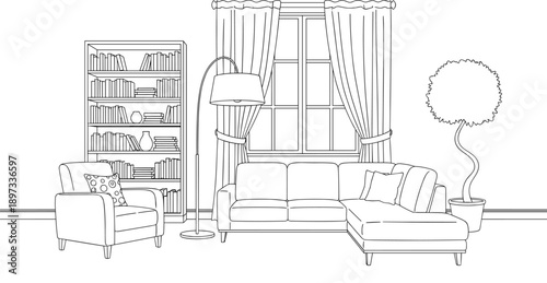 Modern living room interior line art vector illustration with sofa bookshelf armchair window curtains and indoor plant for coloring page