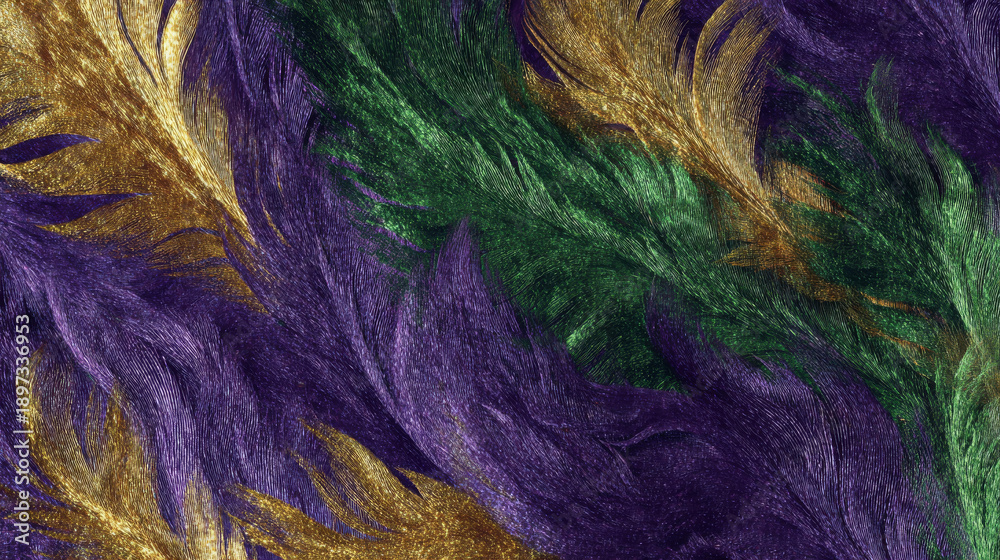 Fototapeta premium Colorful texture background inspired by Mardi Gras traditions with shades of purple, gold, and green in flowing patterns
