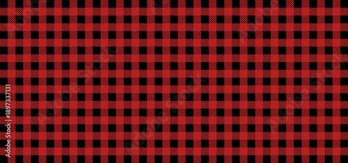 Seamless Buffalo check plaid pattern in red and black. Vector lumberjack tartan ornament for fashion, winter holidays, textile fabric, and rustic home decor background.