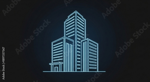 A blue line drawing of a city skyline with tall buildings on a with white space