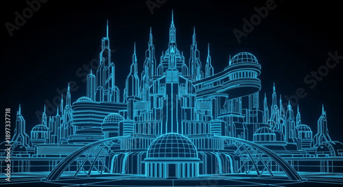 A futuristic cityscape with sleek skyscrapers and neon blue lines on a with a bridge