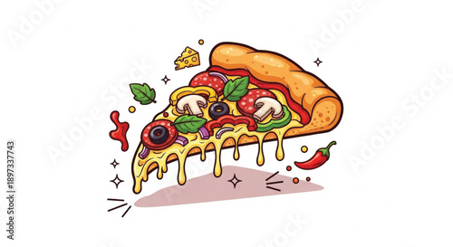 A colorful and detailed cartoon illustration of a single pizza slice, richly topped with melting cheese, mushrooms, olives, and pepperoni, with ingredients floating around.