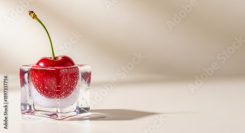 Cherry half-submerged in transparent ice cube, frozen-fresh contrast for premium beverage branding and conceptual advertising