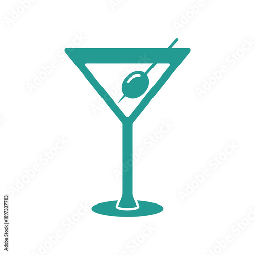 Vibrant teal martini glass icon with a green olive, representing classic bar cocktails, celebration, and elegant drink culture in a modern flat design style perfect for web or app interfaces