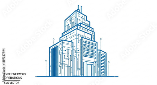 A detailed blue line drawing of a modern skyscraper building architecture design
