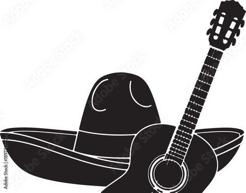 Silhouette of a sombrero and a guitar, iconic symbols of Mexican culture
