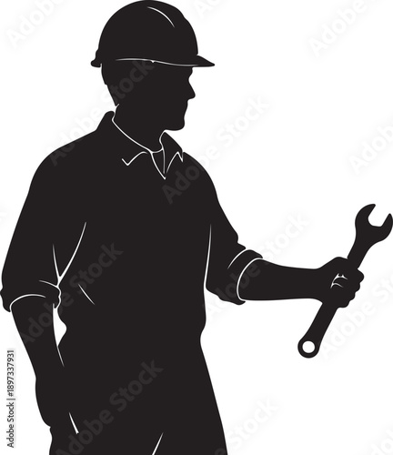 Silhouette of a construction worker holding a wrench, ready for work