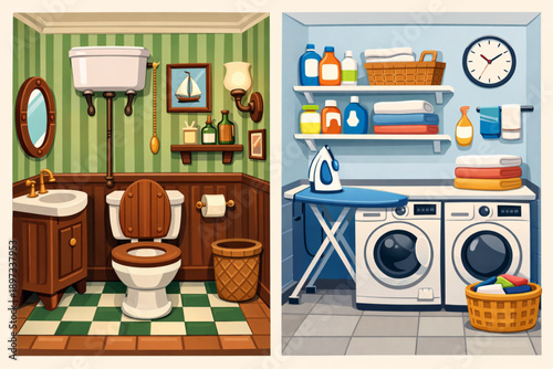 Vintage Toilet and Modern Laundry Room Interior, Flat Cartoon Illustration