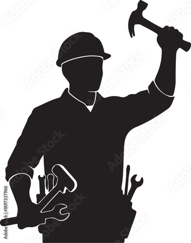 Silhouette of a construction worker with tools and hammer raised