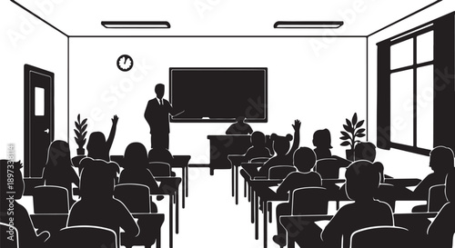 Classroom scene with teacher at blackboard and students raising hands, black and white illustration