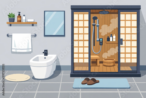 Modern Bathroom Interior Flat Illustration with Bidet and Japanese-Style Shower Cabin