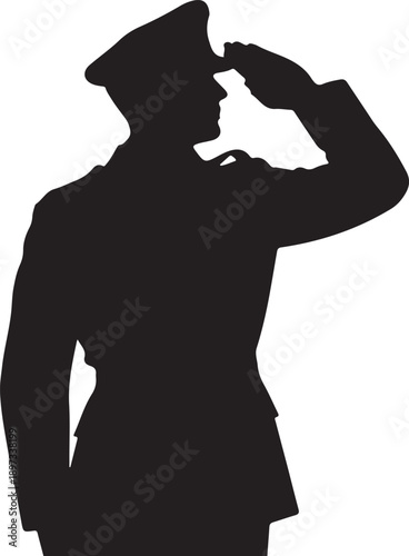 Silhouette of a military officer saluting respectfully in black and white illustration