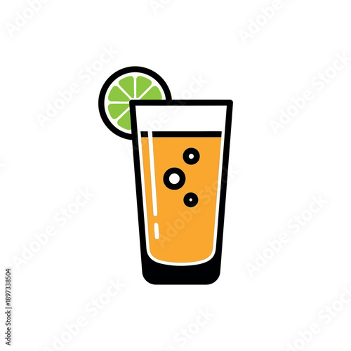 A refreshing tall glass of orange juice with a lime slice garnish and bubbles