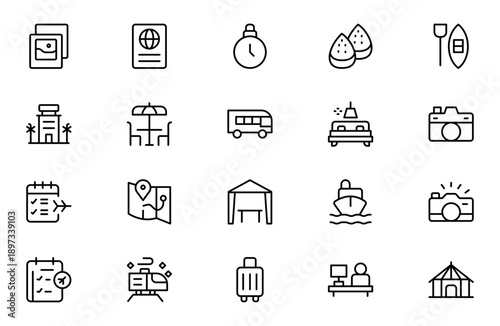 Luxury Travel and Holiday Essentials Line Icon Set – Professional Modern Minimal Outline Icons Collection Featuring Premium Getaway, Vacation and Tourism Symbols, Editable Vector Illustration
