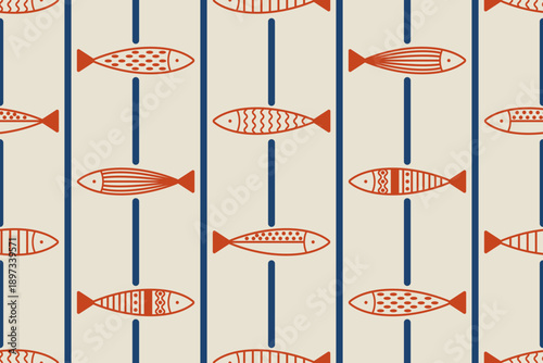 Seamless hand drawn fish pattern in Scandinavian style. Minimalist marine background with simple fish illustrations and vertical stripes. for textiles, wallpaper, kids design