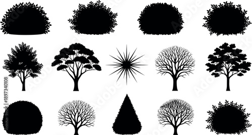 Collection of black tree and bush silhouettes with abstract starburst shape, diverse foliage styles, isolated on white background for landscape, nature and design projects