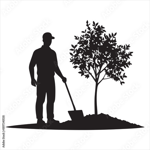 Silhouette of a person planting a tree with a shovel. A strong symbol of environmental care, sustainability, and outdoor labor. Ideal for nature, ecology, and green lifestyle