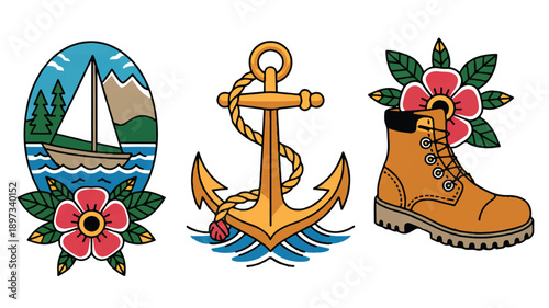 A traditional tattoo-style illustration featuring three separate designs arranged horizontally (1)_traced