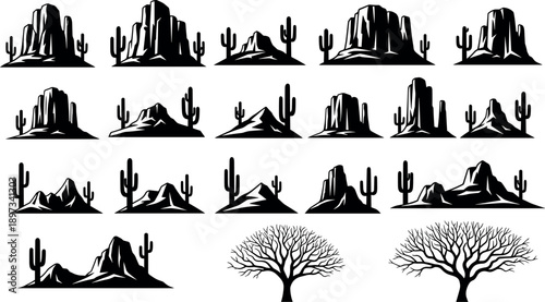 Collection of desert landscape silhouettes with rocky mountains, mesas, cacti and bare trees, black vector icons isolated on white for western, nature and design projects