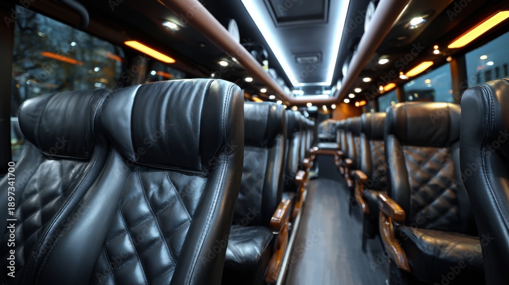 Fototapeta premium Elegant photo of Interior of a luxury tour bus with premium black leather seats and ambient LED lighting .Made Genarative AI
