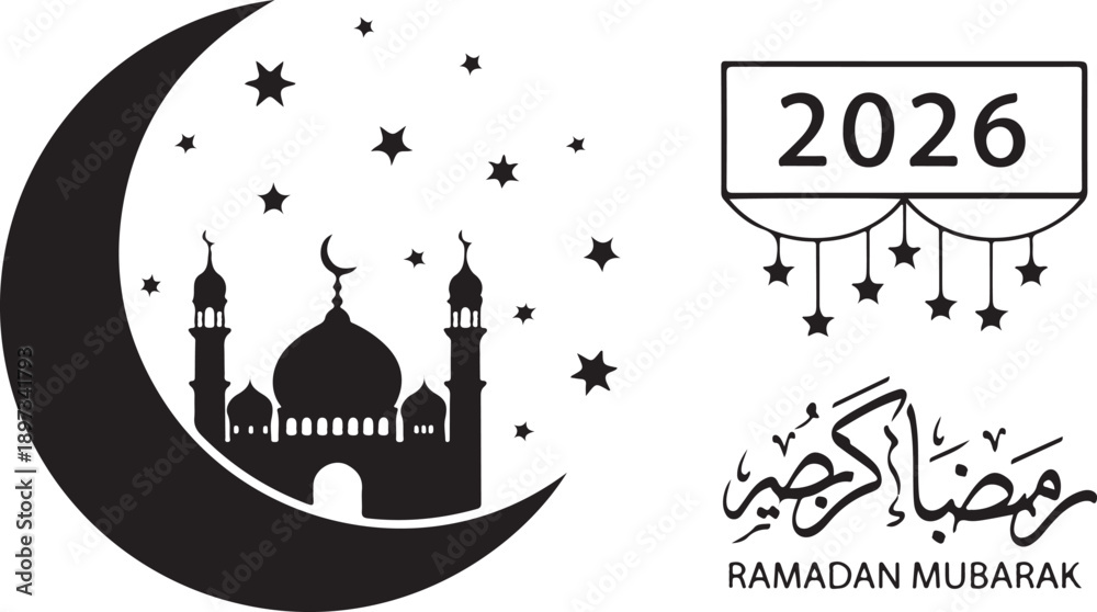Naklejka premium Ramadan Mubarak crescent moon mosque and year 2026