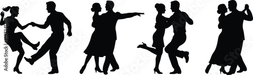 Dancing couple silhouettes isolated on white background, elegant partner dance poses, romantic movement, ballroom and swing dance lifestyle, celebration and love concept illustration