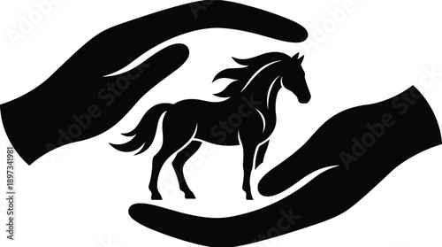Horse silhouette protected by caring human hands isolated on white background, animal welfare and safety concept, trust, protection and harmony, minimalist black logo illustration