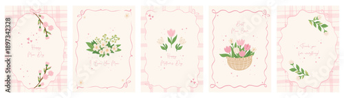 Cute cards Happy Mother's Day. Hand drawn whimsical frames with coquette bows and flowers art. Vector.