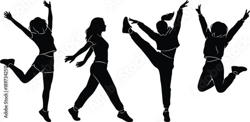 Silhouette collection of happy young women jumping, dancing and moving freely in energetic poses, isolated on white background, freedom, fitness, joy and active lifestyle concept
