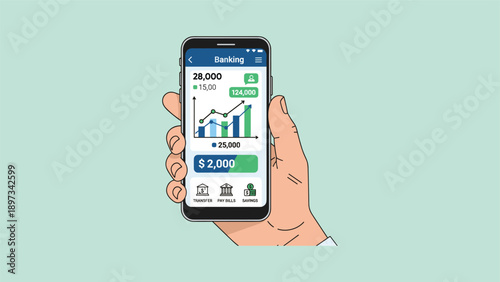 Photos Hand holding smartphone displaying financial statistics and graphs in a simple i