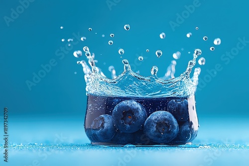 Blueberry Splash in Water Glass with Fresh Blueberries on Bright Blue Background