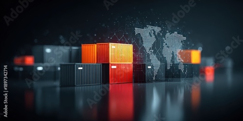 Stacked Shipping Containers with Digital World Map in Background for Logistics and Supply Chain