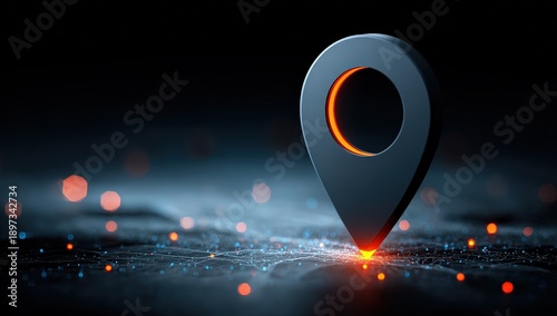Futuristic Dark Map Pin Icon with Glowing Orange Inner Ring on Digital Network