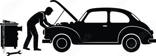 Silhouette illustration of an auto mechanic repairing a car engine with open hood, representing vehicle maintenance, automotive service, repair workshop, and professional technician concept