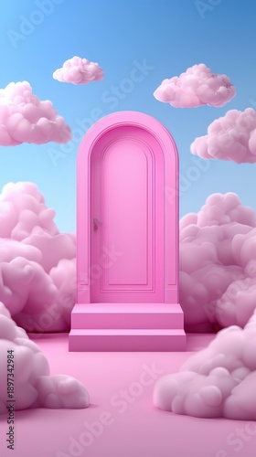 Pink Arched Door Surrounded by Fluffy Clouds in Dreamy Sky Scene