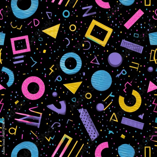 Colorful Geometric Pattern with Shapes and Dots on Black Background for Modern Design