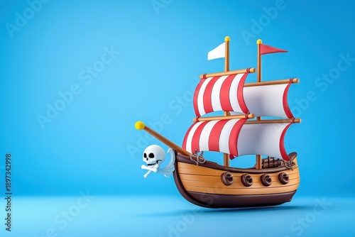 Toy Pirate Ship with Skull and Crossbones on Bright Blue Background
