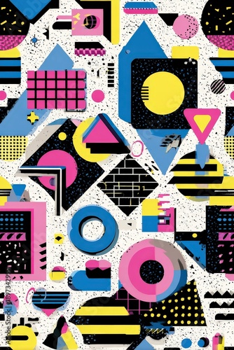 Abstract Geometric Pattern with Bright Colors Yellow Pink Blue Black and White Modern Artistic Design