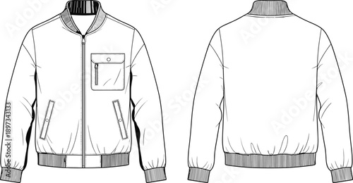 Technical line drawing of modern bomber jacket front and back view isolated on white background, apparel fashion illustration for clothing design, tailoring reference and textile industry use