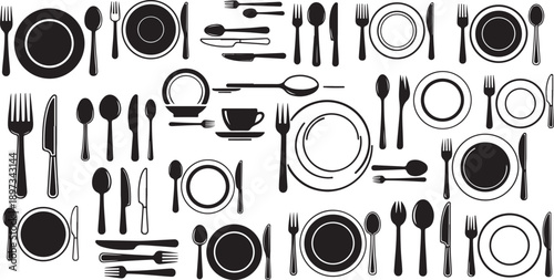 Black and white illustration of various dining utensils and dishes