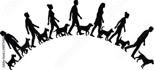 Silhouette illustration of people walking dogs in sequence, pet owners with animals in motion, isolated on white background, daily lifestyle, companionship and pet care concept