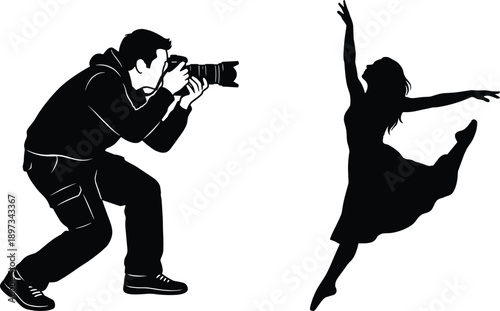 Silhouette of professional photographer capturing graceful female dancer in mid air pose, artistic performance and creative photography concept isolated on white background