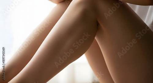 Beautiful woman's legs in stockings and white skirt