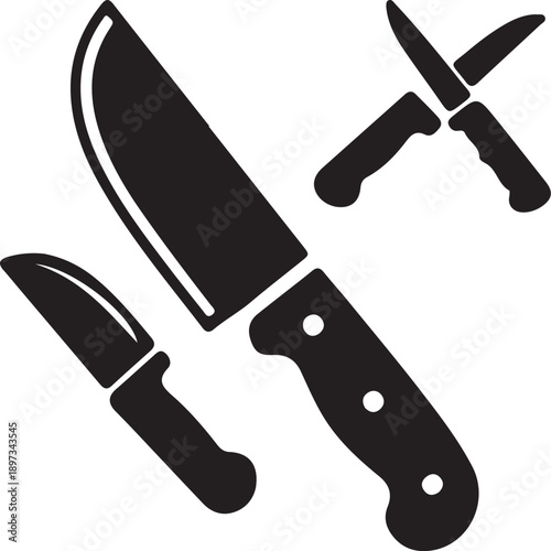 Black silhouette of three kitchen knives isolated on transparent background