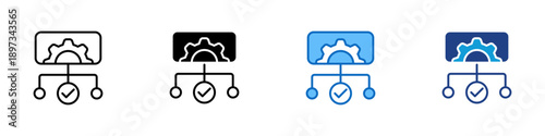 Process Approval Multiple Style Icon Design Vector - Workflow diagram with gear and checkmark representing operational control, system validation, and process management