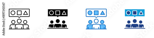 Group Assessment Multiple Style Icon Design Vector - Team with shapes board representing evaluation criteria, collective analysis, and decision making